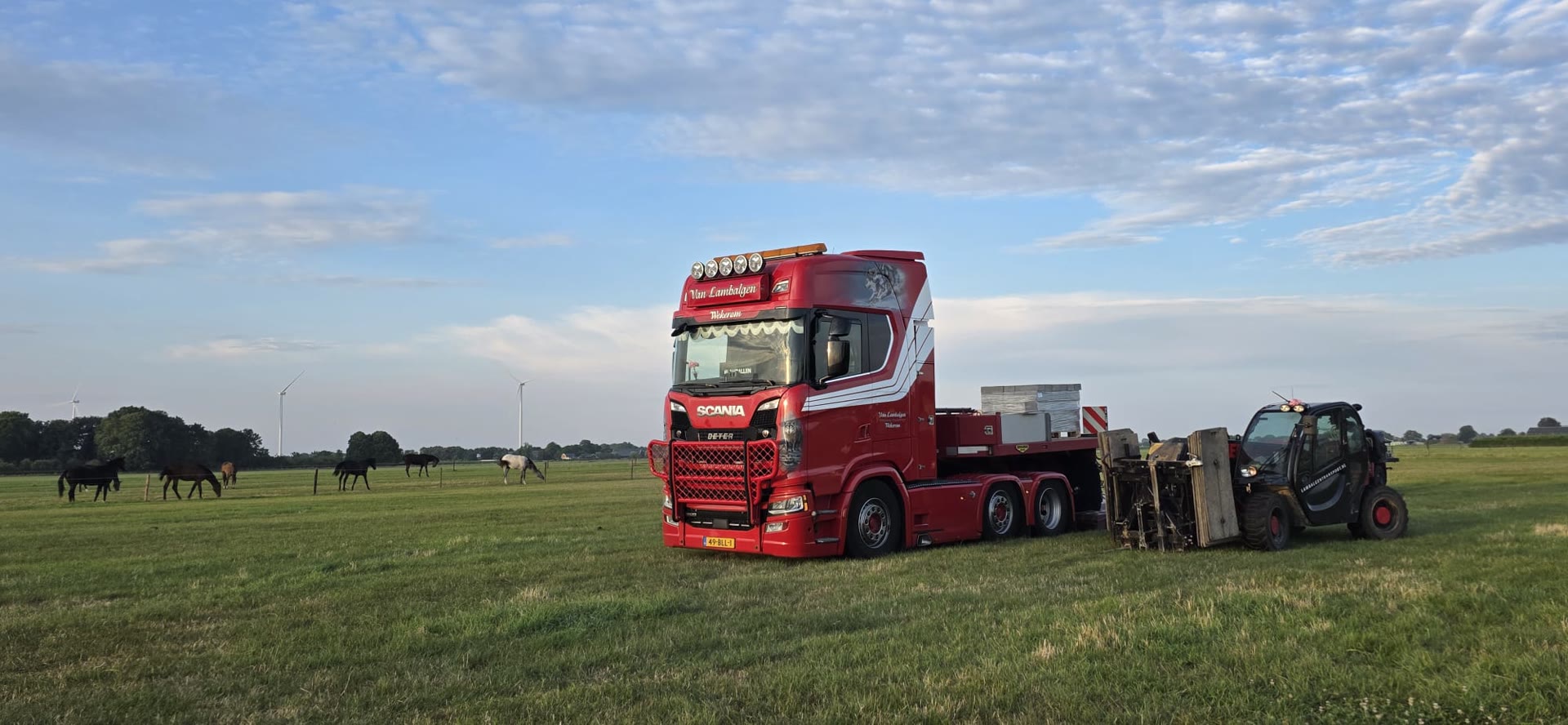 Rode truck met lege dieplader op een weiland met paarden